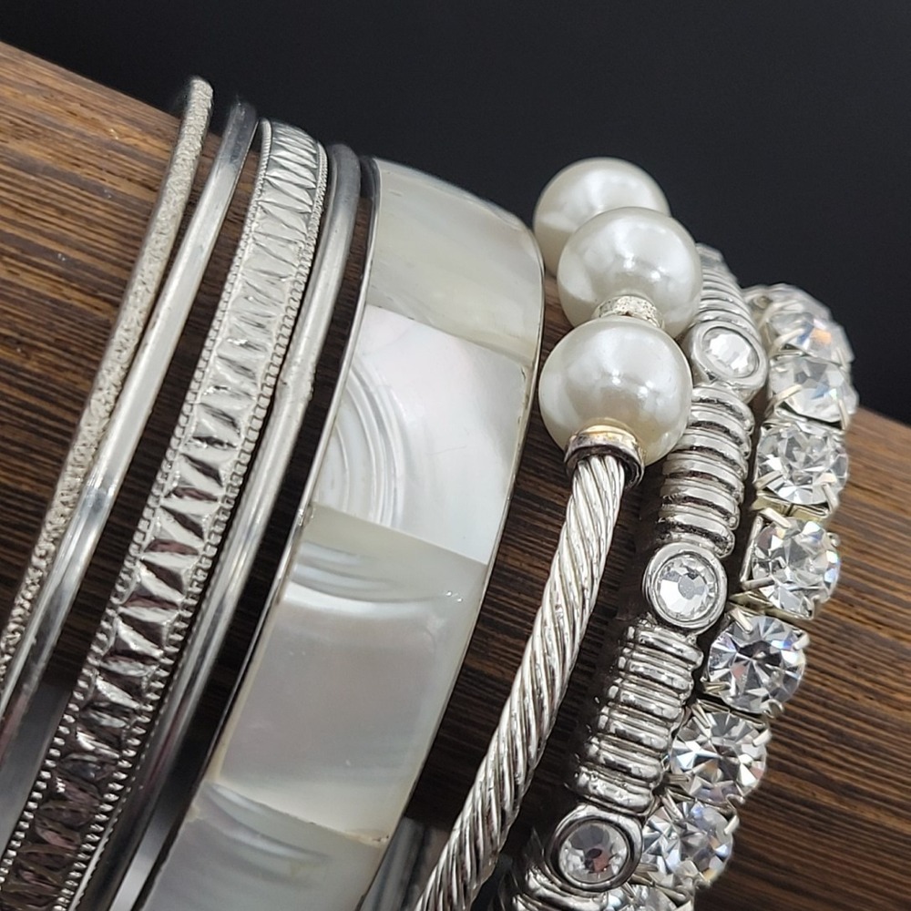 Silver Stackable Bracelet Set Mother of Pearl Faux Pearl Rhinestone 7pc Eclectic